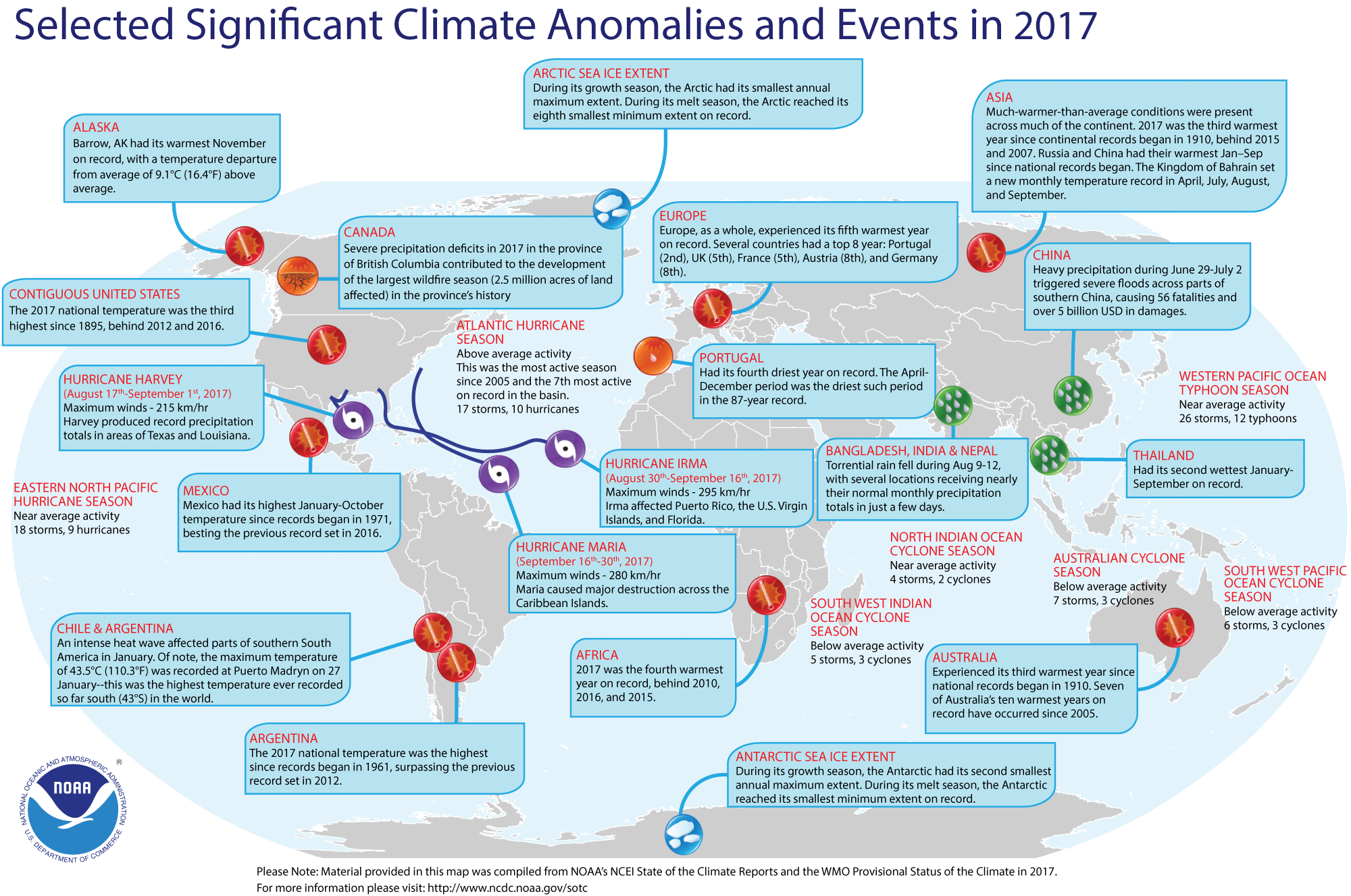 A map of the globe of that indicates noteworthy climate and weather events that occurred around the world in 2017.