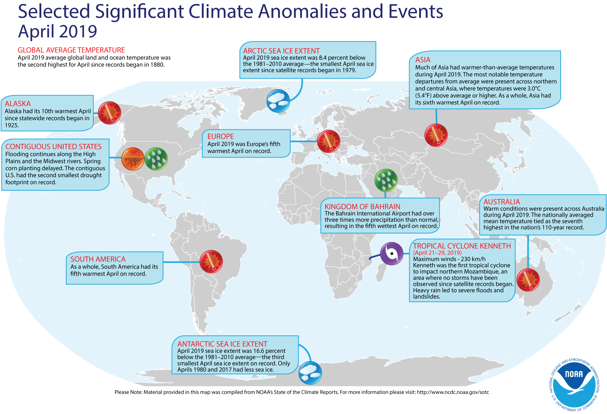 An annotated map of the world showing notable climate events that occurred in April 2019. For details, see the short bulleted list below in our story and more details at http://bit.ly/Global201904.