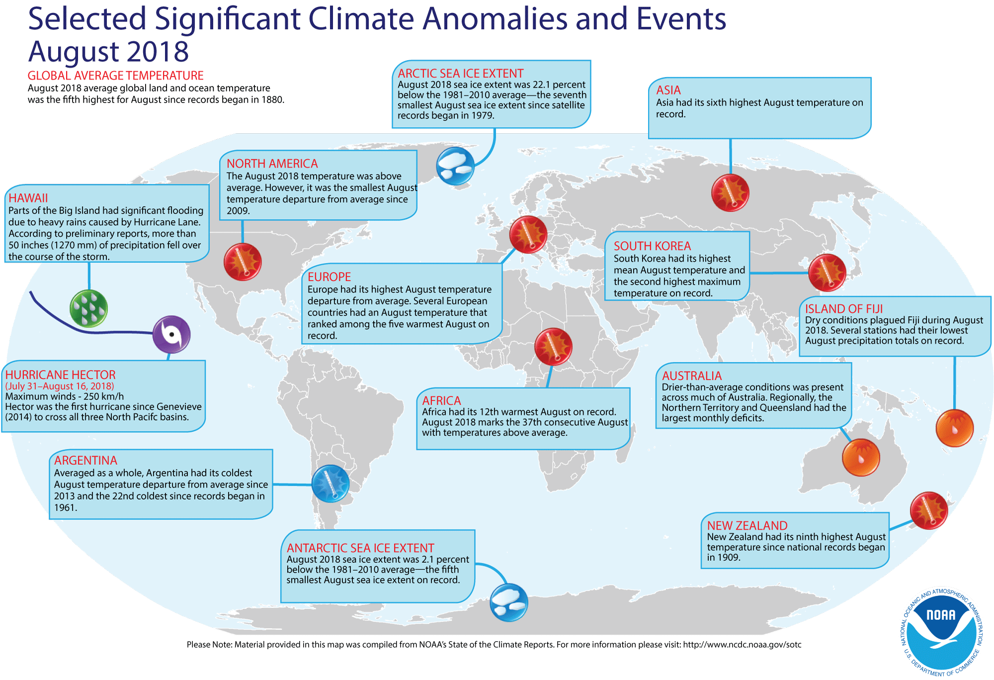 An annotated map of the world showing notable climate events that occurred in August 2018. For details, see the bulleted list below in our story and on the Web at http://www.ncdc.noaa.gov/sotc/global/2018/08.