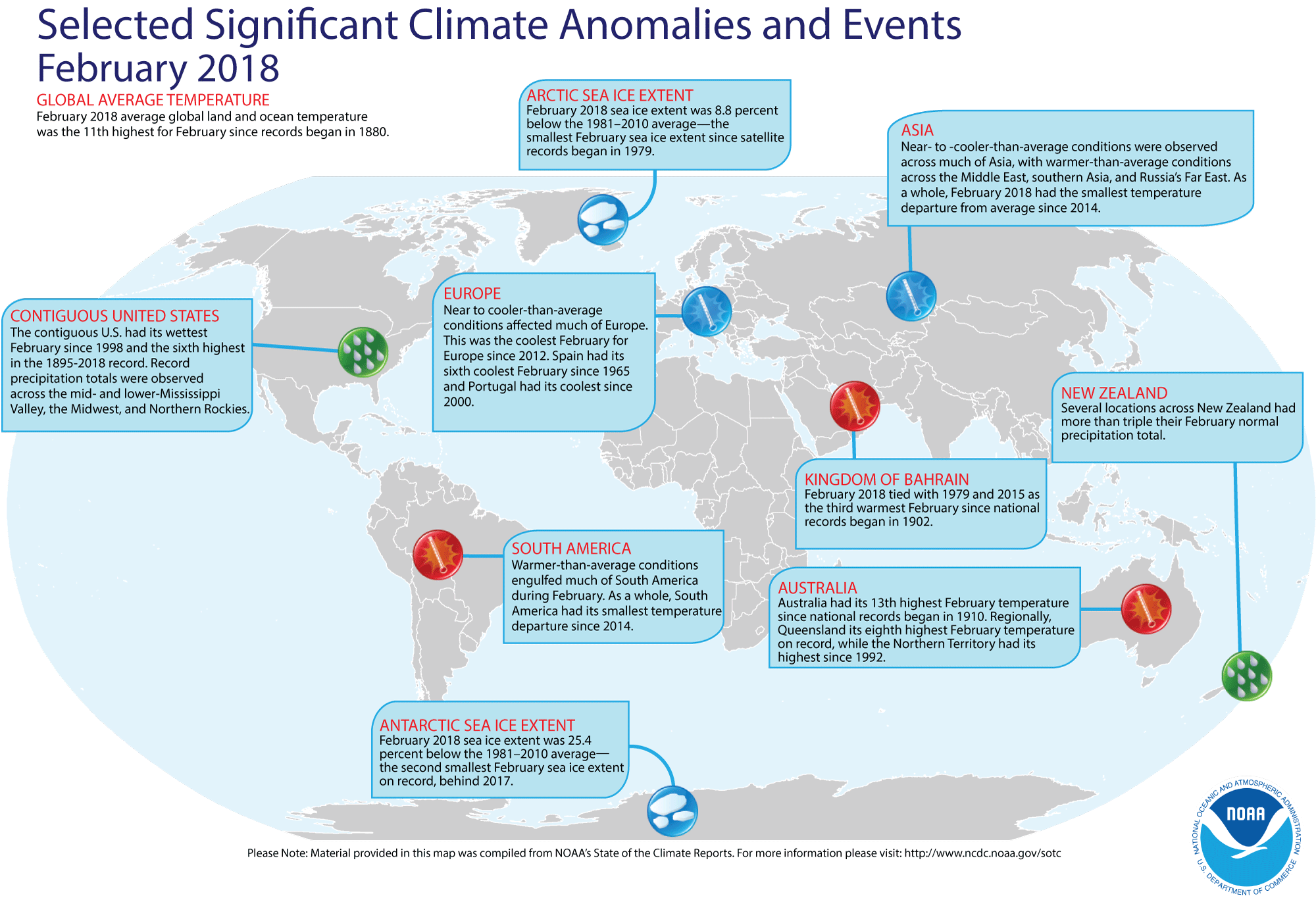 An annotated map of the globe showing other notable climate events that occurred during February and Winter 2018. For details, see bulleted list below in our story and also visit https://www.ncei.noaa.gov/news/global-climate-201802.