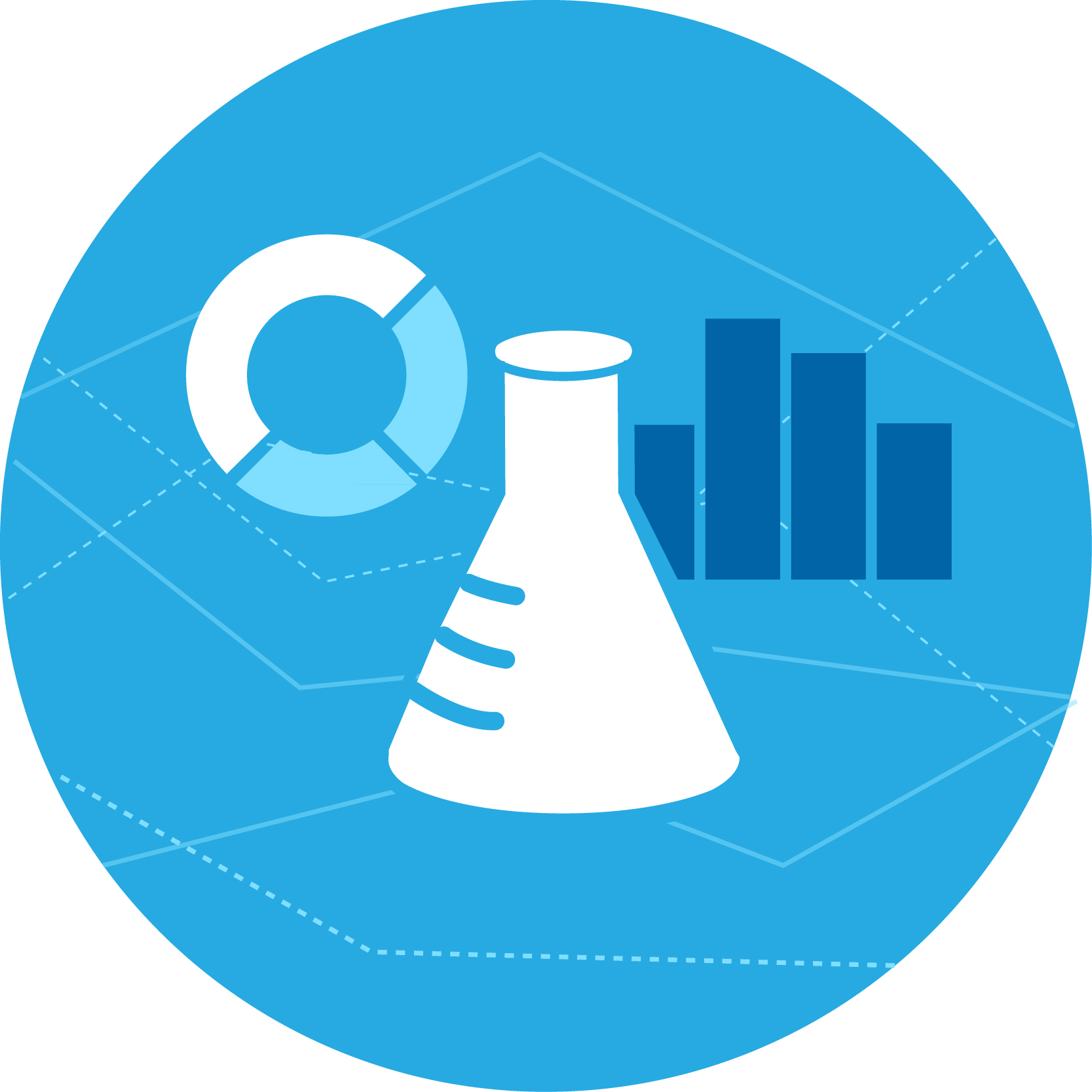 Icon feature a beaker and graph to represent research