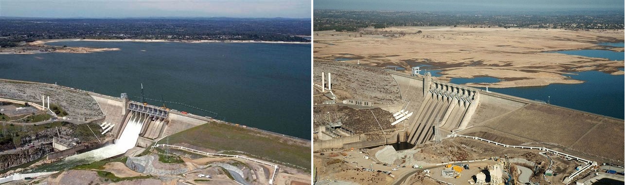 The California drought resulted in low water levels in many major reservoirs, including Folsom Lake. The above photo shows the lake levels in 2011 in comparison with low conditions in 2014. 