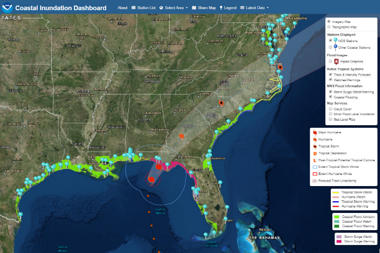 As Hurricane Michael approached the U.S. in October 2018, a prototype of the Coastal Inundation Dashboard displayed its effects on coastal water levels along the Florida panhandle.