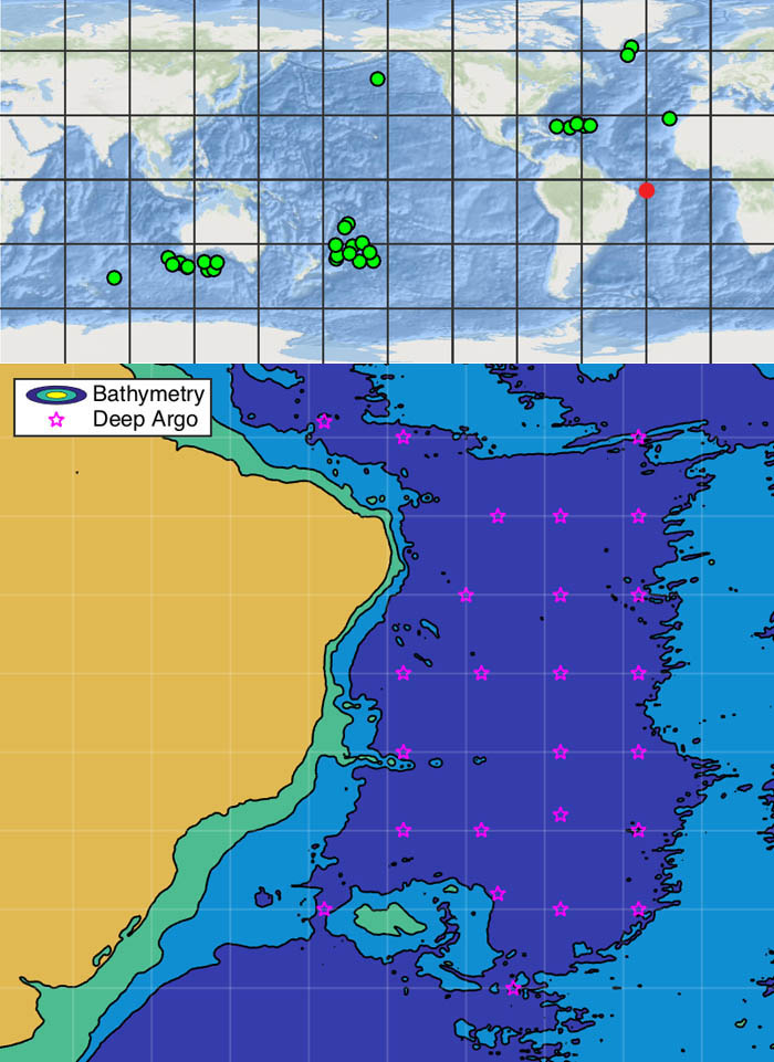 The planned Deep Argo float deployments in the Atlantic east of Brazil (bottom, and red dot, top) will expand the nascent global Deep Argo array (top).