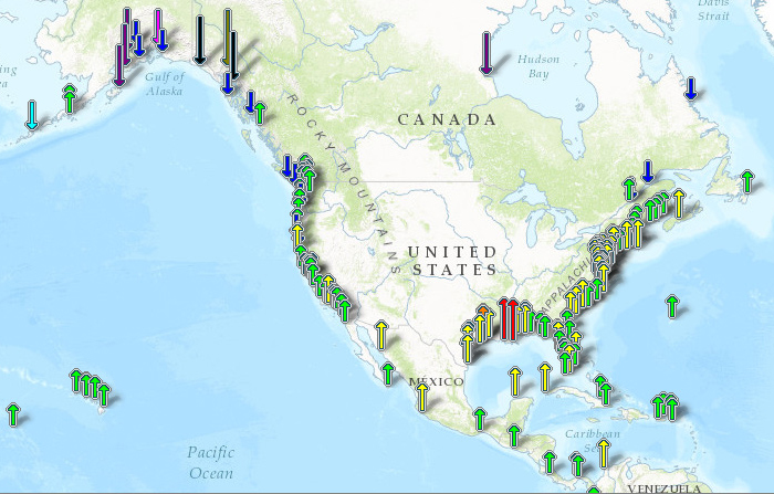 This map shows regional trends in sea level, with arrows representing the direction and magnitude of change.