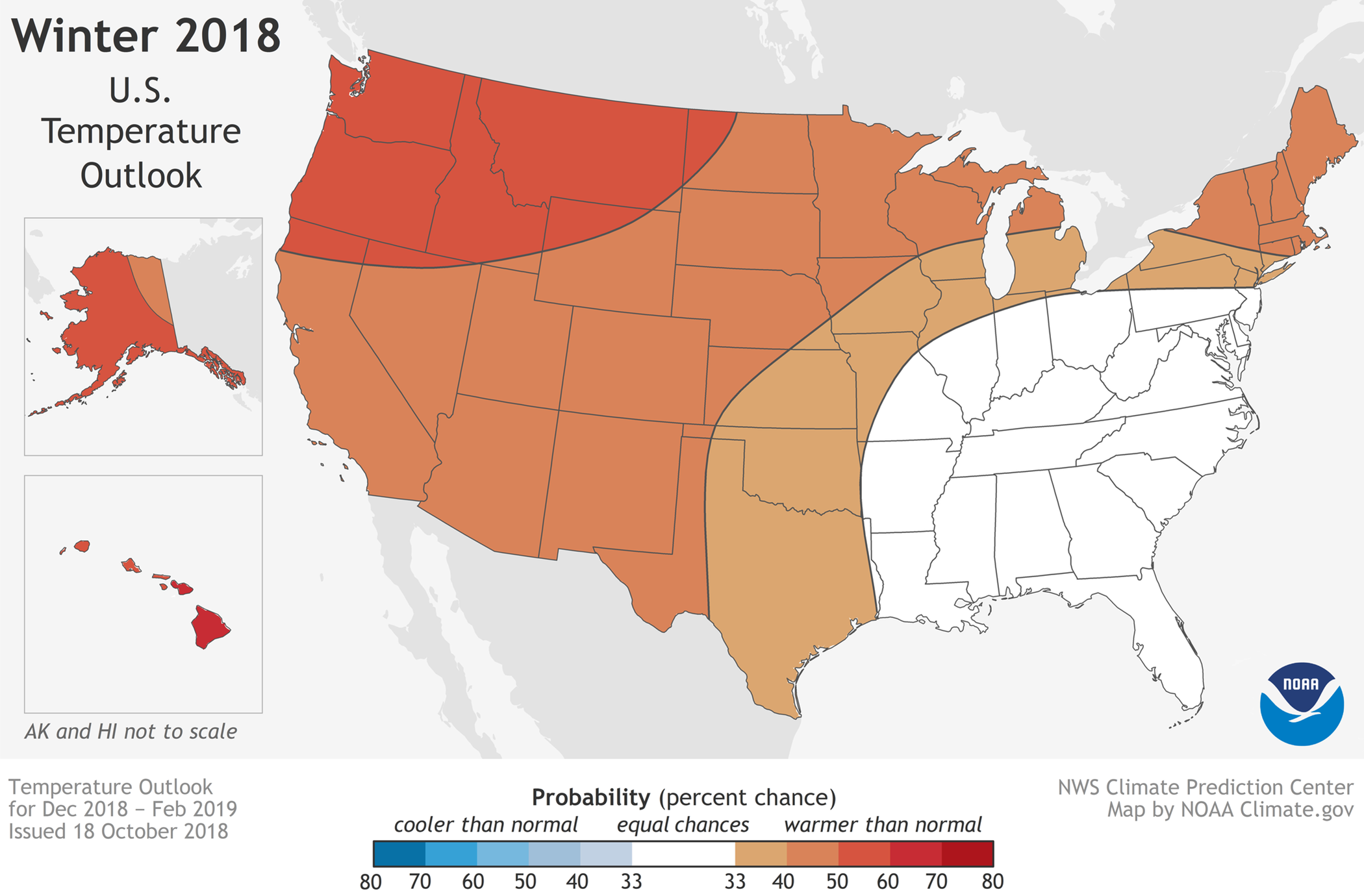 2018-19 Winter Outlook map for temperature.
