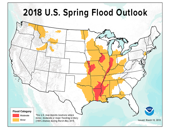 This map depicts the locations where there is a greater than 50 percent chance of moderate or minor flooding during March through May, 2018. 