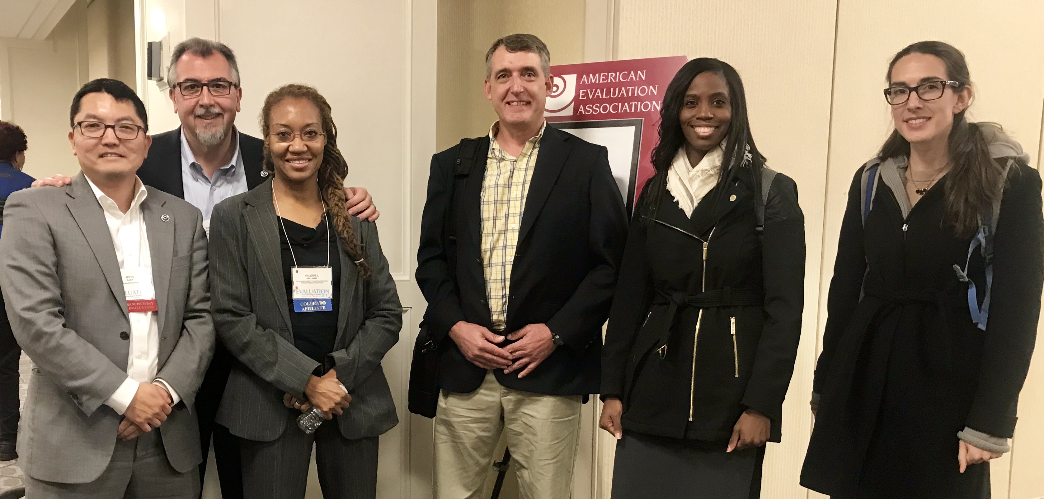 NOAA Office of Education presenters, John Baek, Christos Michalopoulos, Valerie Williams, Steve Storck, Jessica Cooper, Marissa Jones (left to right) at American Evaluation Association on November 11, 2017 in Washington, DC. Panel titled, "Five Not-so-easy Pieces: From Strategic Planning to Performance Measurement."