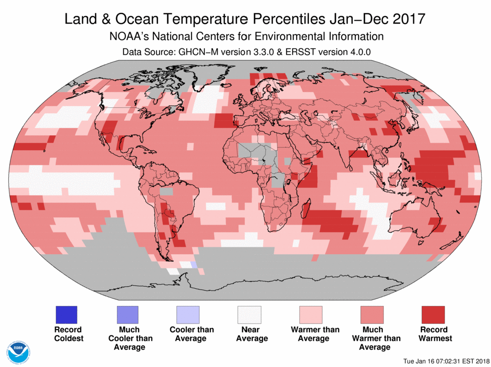  A color-coded map of the globe showing areas of  percentiles of cool and warmth -- ranging from record warm to record cool -- for the calendar year 2017.