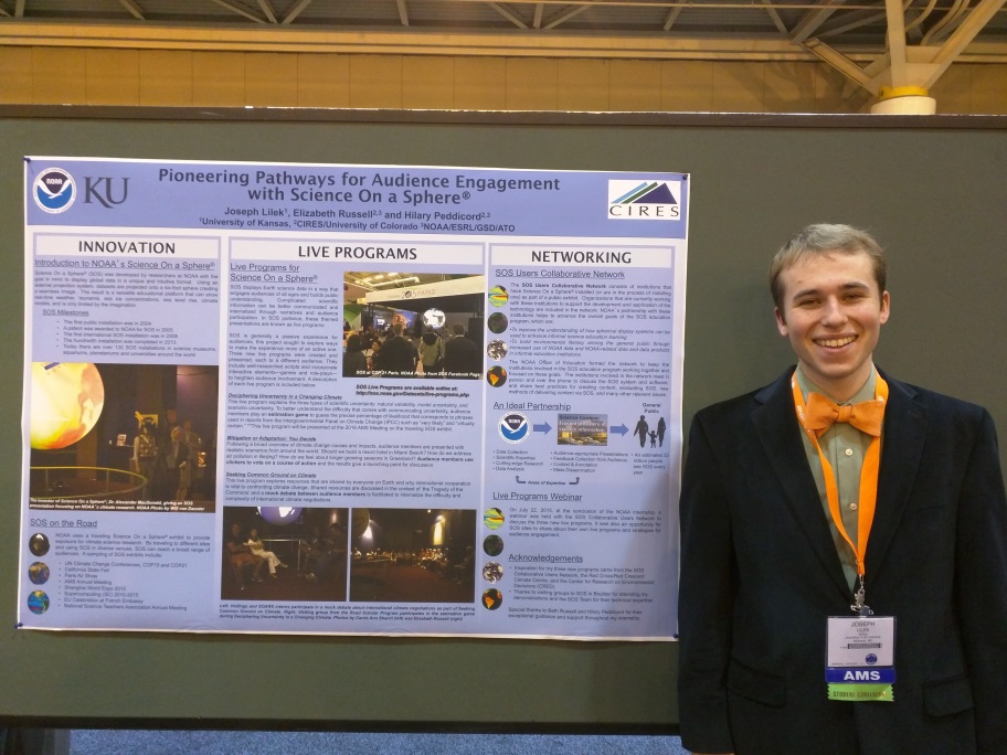 Joseph Lilek, a NOAA Hollings Scholar from the University of Kansas, presenting his poster at the AMS Annual Meeting in New Orleans, LA (Photo Credit: John Baek).