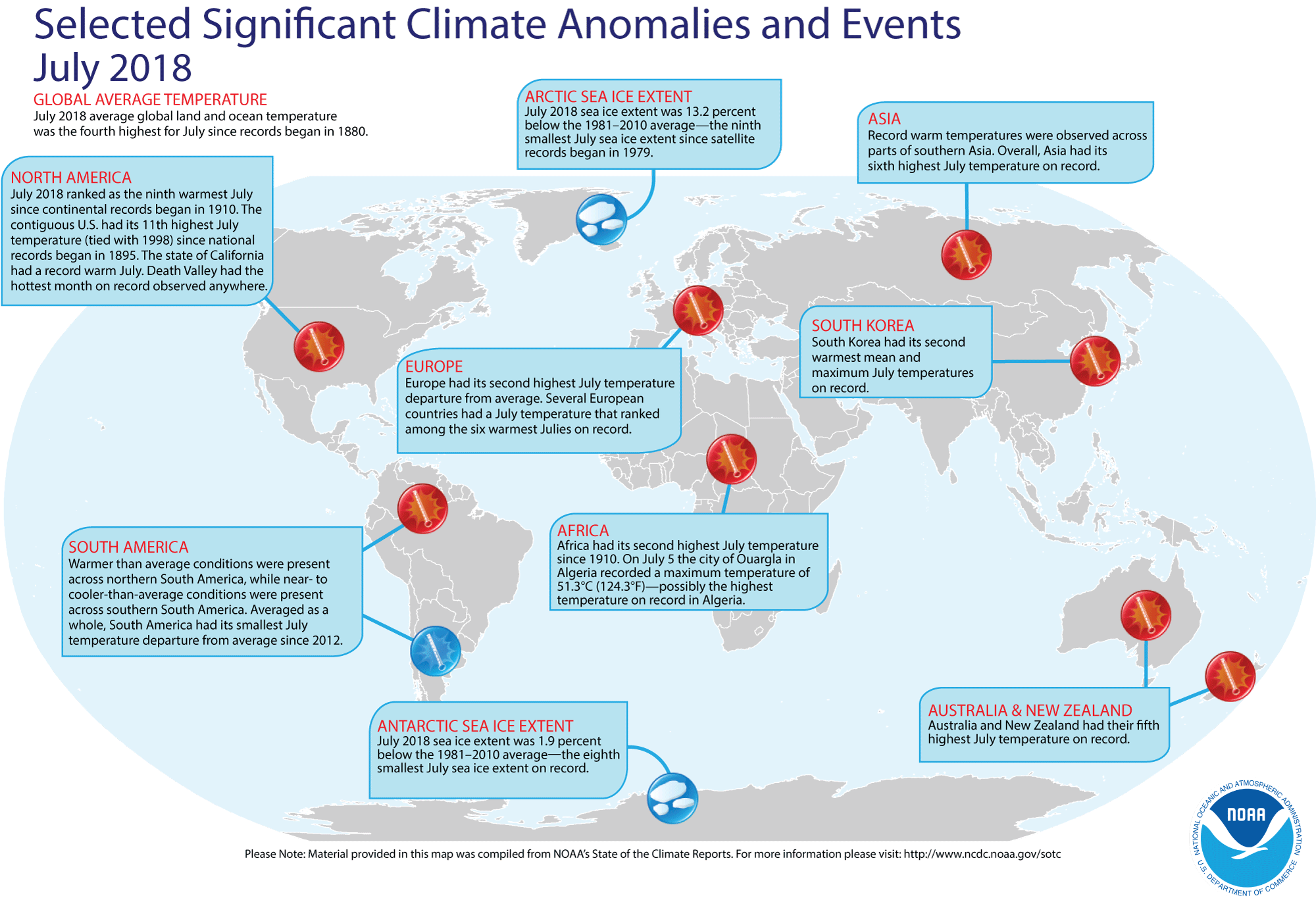 An annotated map of the world showing notable climate events that occurred in July 2018. For details, see the bulleted list below in our story and on the Web at http://www.ncdc.noaa.gov/sotc/global/2018/07.