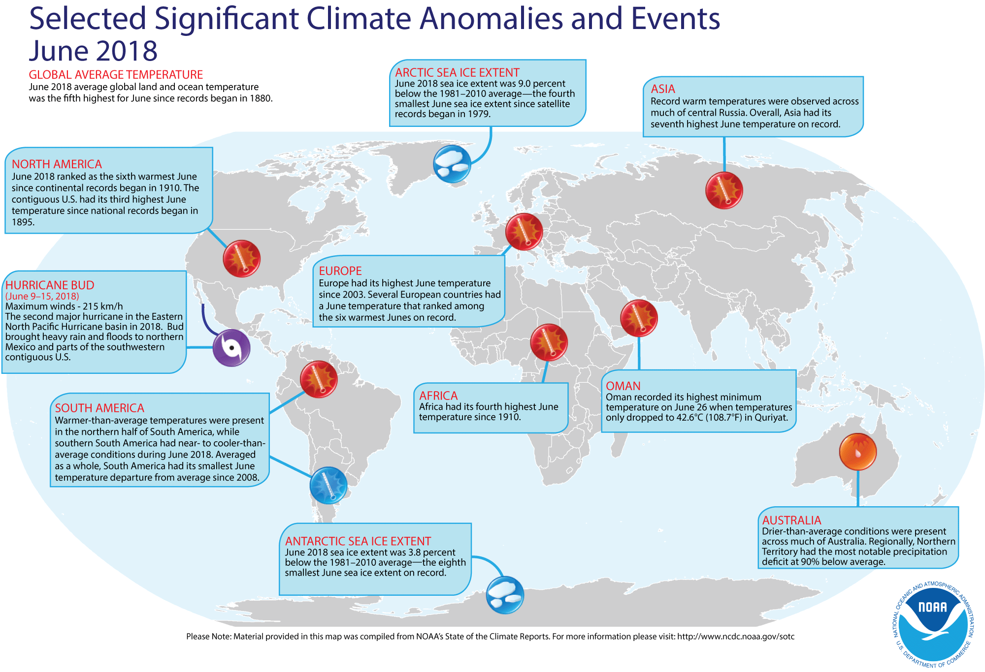 An annotated map of the world showing notable climate events that occurred in June 2018. For details, see the bulleted list below in our story and on the Web at http://www.ncdc.noaa.gov/sotc/global/2018/06.