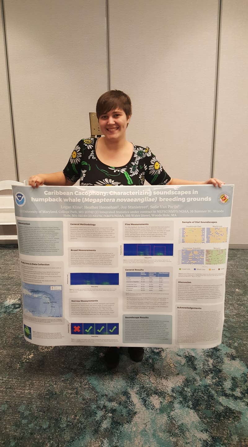 Logan Kline, 2017 NOAA Hollings scholar, presents her research on vessel noise in the Caribbean at the American Cetacean Society conference in California, November 2018.