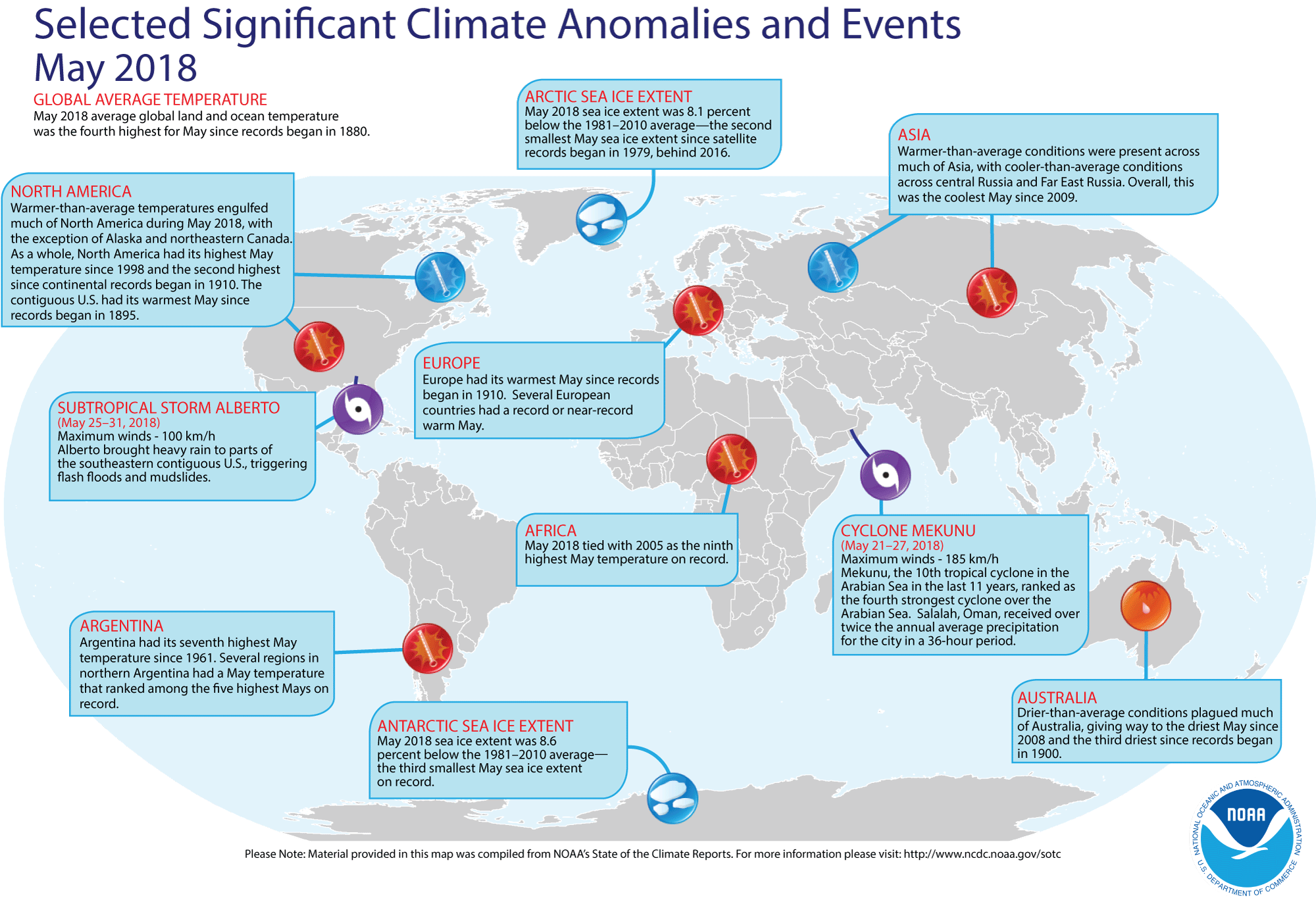 An annotated map of the  world showing notable climate events that occurred in May 2018. For details, see the bulletted list below in our story and on the web at http://www.ncdc.noaa.gov/sotc/global/2018/05. 