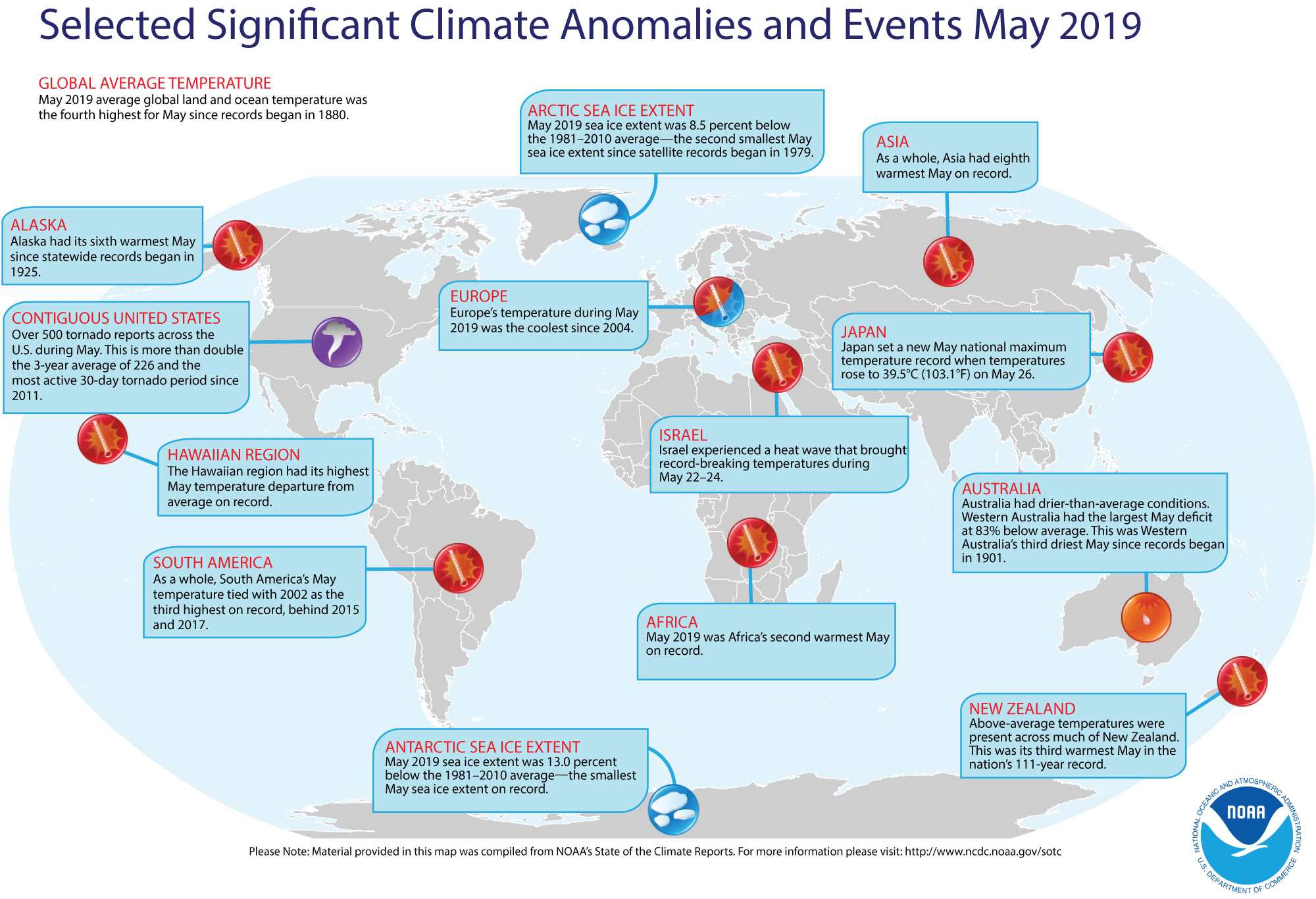 An annotated map of the world showing notable climate events that occurred in May 2019. For details, see the short bulleted list below in our story and at http://bit.ly/Global201905