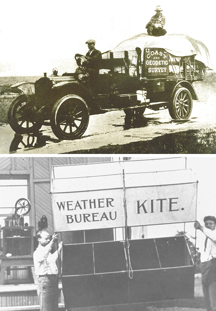 (Top) The officers of the Coast and Geodetic Survey, the NOAA Corps predecessor service, were world-renowned for their expertise and accuracy in surveying and charting.
(Bottom) U.S. Weather Bureau weather kite being prepared for launch.