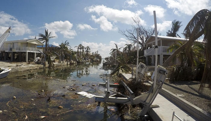 A debris-filled waterway in Key West, Florida following Hurricane Irma.