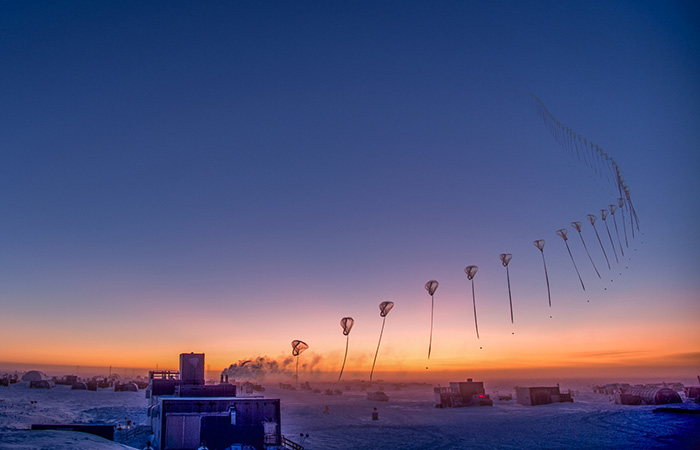 This time-lapse photo from Sept. 10, 2018, shows the flight path of an ozonesonde as it rises into the atmosphere over the South Pole from the Amundsen-Scott South Pole Station. Scientists release these balloon-borne sensors to measure the thickness of the protective ozone layer high up in the atmosphere.
