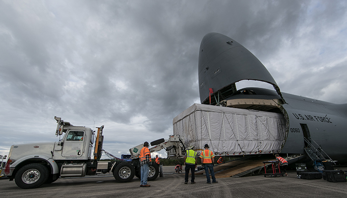 After a careful ride on a truck from Lockheed Martin Space Systems in Littleton, Colo., GOES-S is loaded onto a U.S. Air Force C-5M Super Galaxy cargo jet at Buckley Air Force Base in Aurora. 