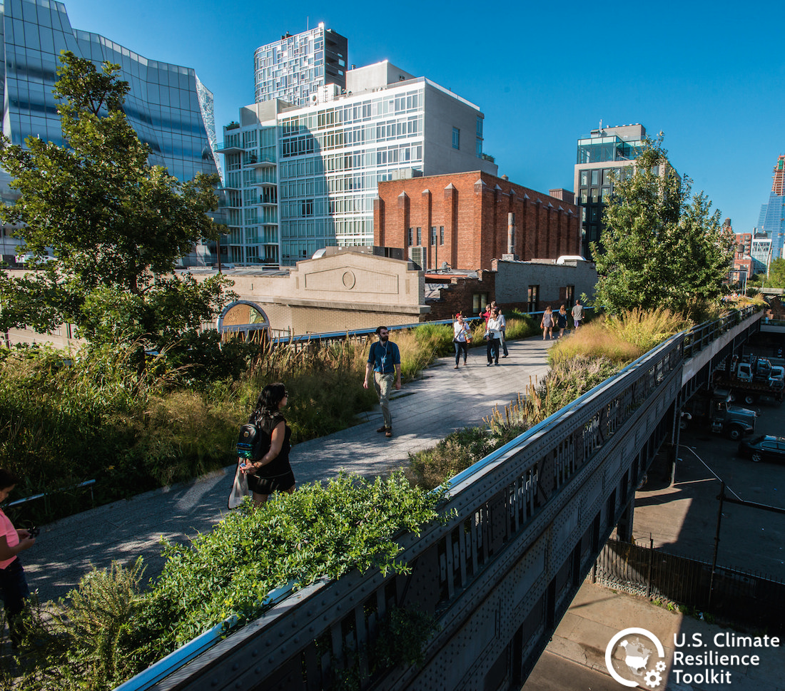 The High Line public park created from an abandoned elevated freight line in New York City harnesses the power of nature --  such as trees and other vegetation -- to give the public a cool getaway in the face of climate warming to America’s largest city. 