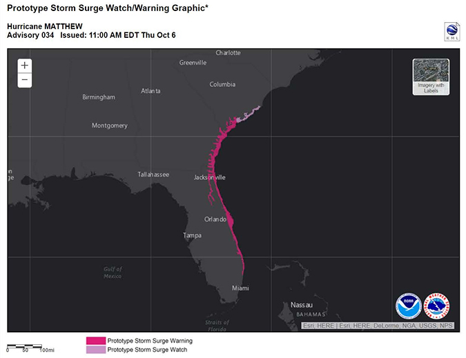 Oct. 6, 2016- The Prototype Storm Surge Warning extended along the coastlines of most of eastern Florida, all of Georgia and portions of South Carolina, highlighting the areas at risk of life-threatening storm surge. 