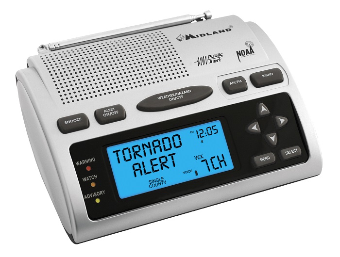 You can find this and other types of weather radios in electronics stores and online.