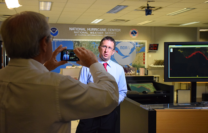 Social media is an important tool at NHC to get out timely information.  Here, NHC Director Dr. Rick Knabb provides a live update regarding Hermine via Periscope. September 1, 2016.