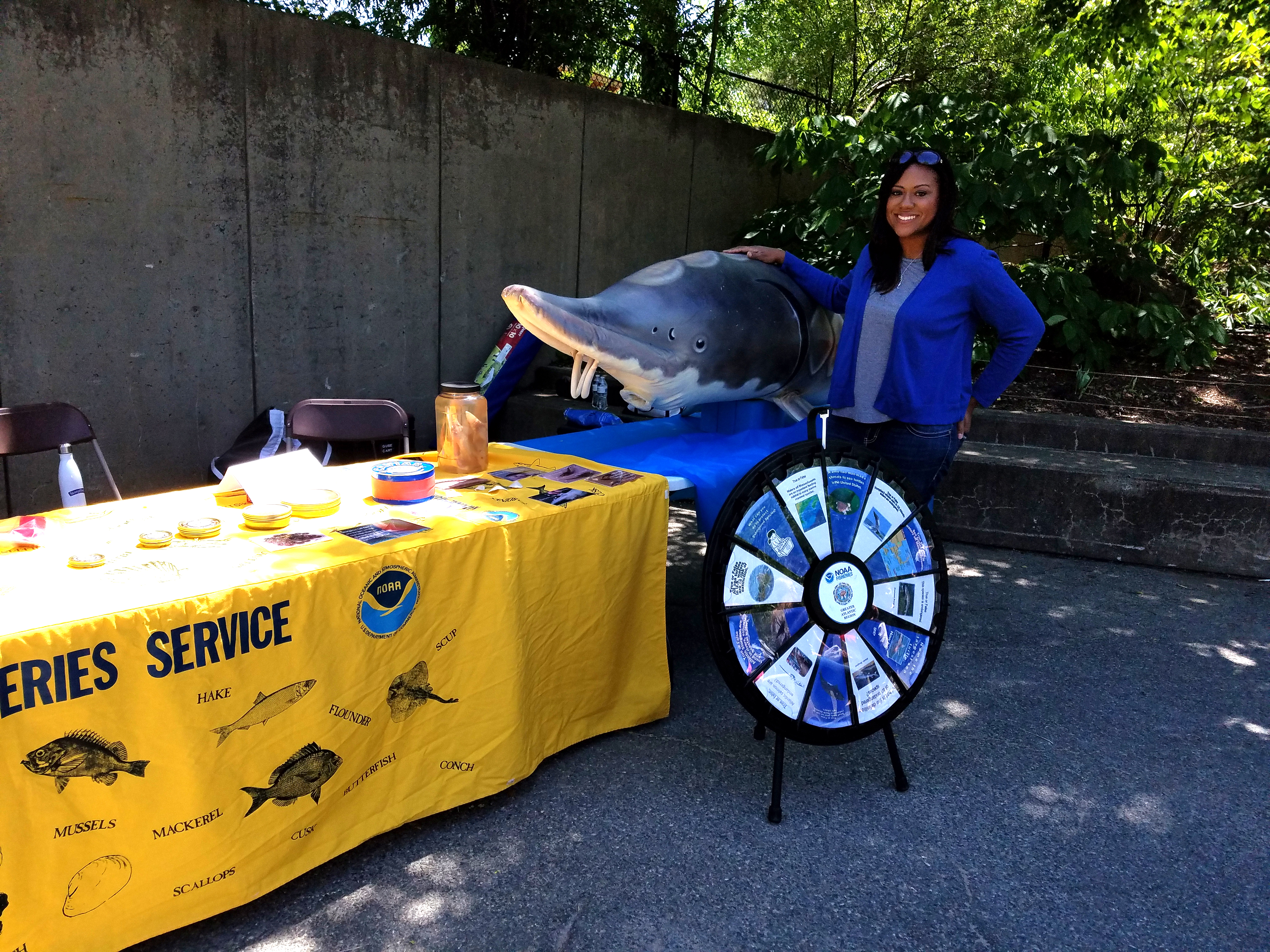 Jolvan Morris, an environmental scientist with Integrated Statistics, Inc. in support of NOAA Fisheries Greater Atlantic Regional Office, staffed a booth with "Barbel Bill," a model Atlantic sturgeon, at an Endangered Species Day event at the Franklin Park Zoo in Boston, MA. Both shortnose sturgeon and Atlantic sturgeon are protected under the Endangered Species Act due previous overfishing, ship strikes, incidental catch mortality, and several other human-caused factors. Atlantic sturgeon are large fish,