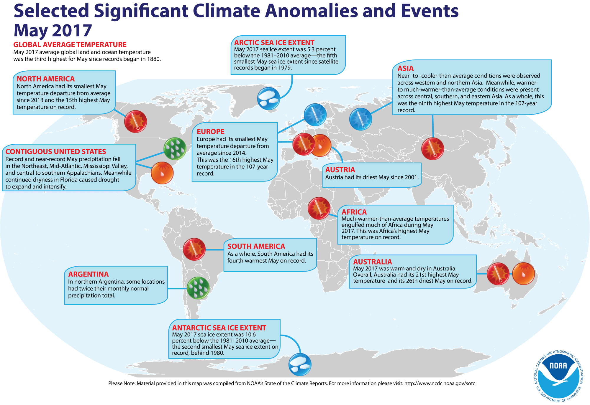 A map of noteworthy climate events around the world in May.