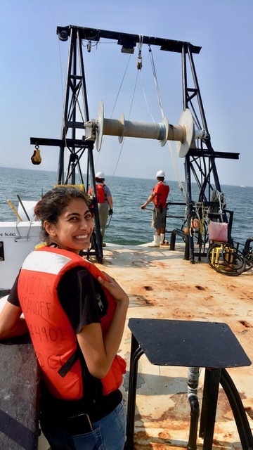 Radhika Shah, 2017 NOAA Hollings Scholar, stands aboard the R.V. Loosanoff during her summer internship. She spent this past summer in Milford, Connecticut working with eastern oysters and blue mussels. During her internship, she conducted experiments to better understand how ocean acidification and CO2 rates affect bivalve feeding and filtration.