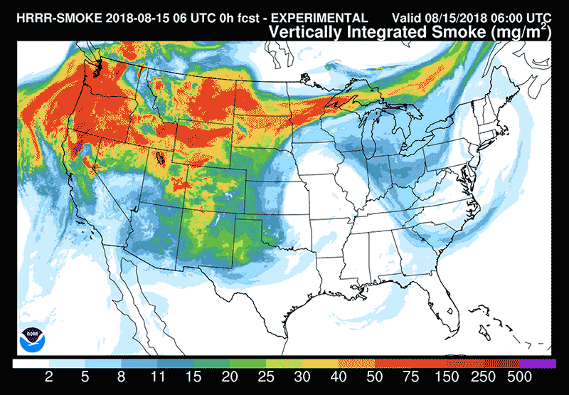 NOAA’s experimental HRRR-smoke model forecasts where wildfire smoke may be headed. The brighter the color, the higher the concentration, alerting downstream residents sensitive to the fine particles the smoke carries.  