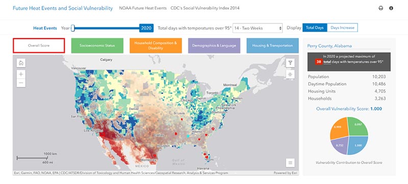 NOAA future heat events and social vulnerability map application.