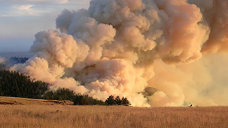 Smoke column of wildfire burning on Bureau of Indian Affairs land.