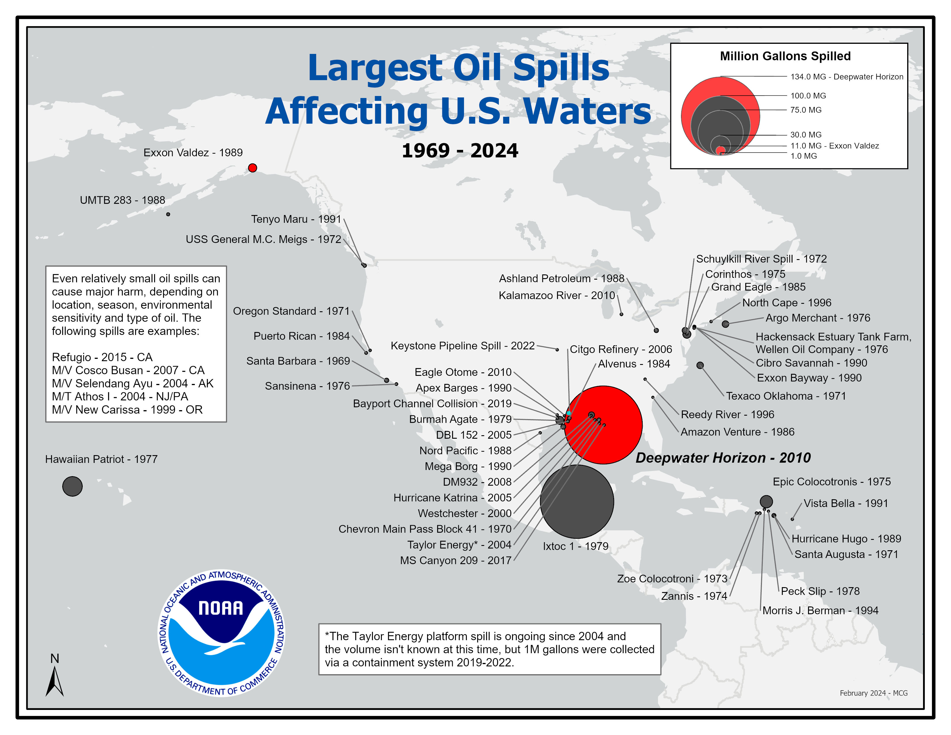 A map showing the Largest Oil Spills Affecting U.S. Waters from 1969 - present. 44 oil spills are shown, affecting coastal waters in Alaska, down the West Coast, the Gulf of Mexico and Caribbean, the East Coast, and the Great Lakes. More information can be found at https://response.restoration.noaa.gov/oil-and-chemical-spills/oil-spills/largest-oil-spills-affecting-us-waters-1969.html.