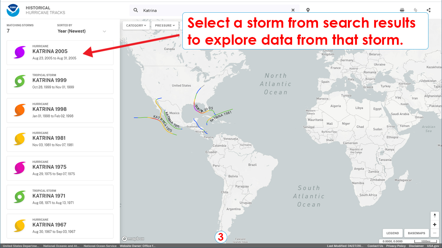 Step 3: Select a storm from search results to explore data from that storm.
