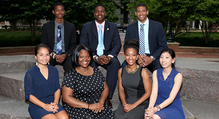 2014 EPP/MSI undergraduate scholars. Front (left to right): Autumn Chong, Chanelle Stigger, Nishan Pressley, Olivia Poon. Top (left to right): Joshua Bailey, Ricky Dixon, Justin Shaifer