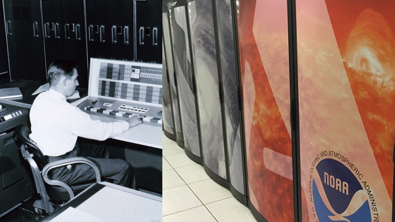 Left: An early IBM computer at the Joint Numerical Forecast Unit in Suitland, Maryland, circa 1965. Credit: U.S. Weather Bureau. Right: Two NOAA supercomputers in Reston, Virginia and Boulder, Colorado collect, process and analyze billions of observations daily. 