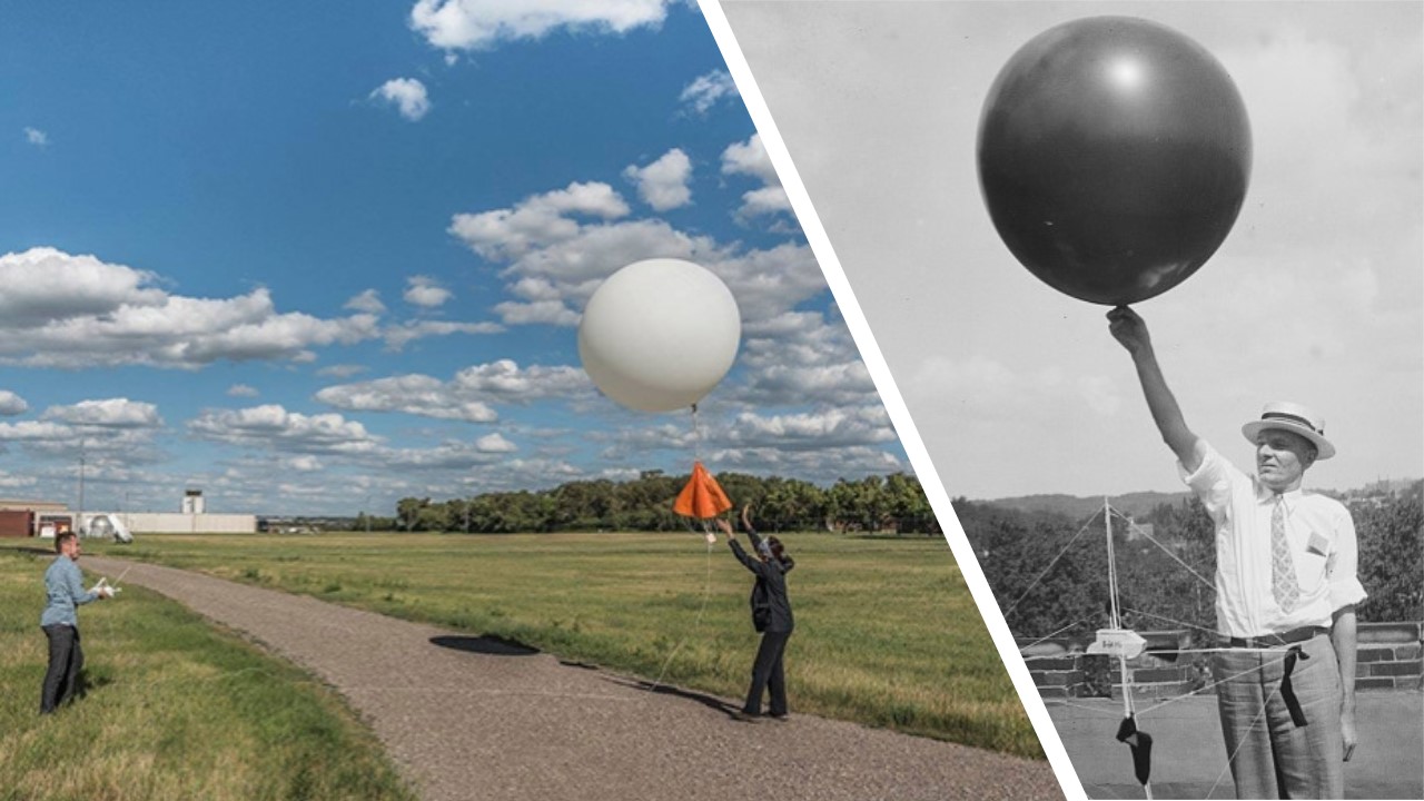 Left: An NWS weather balloon is launched from Bismark, North Dakota on June 24, 2017. Right: Early testing of hydrogen filled balloons for upper air measurements. Theodolites - a surveying tool that measures horizontal and vertical angles - were used to track balloons to the limit of visibility. 