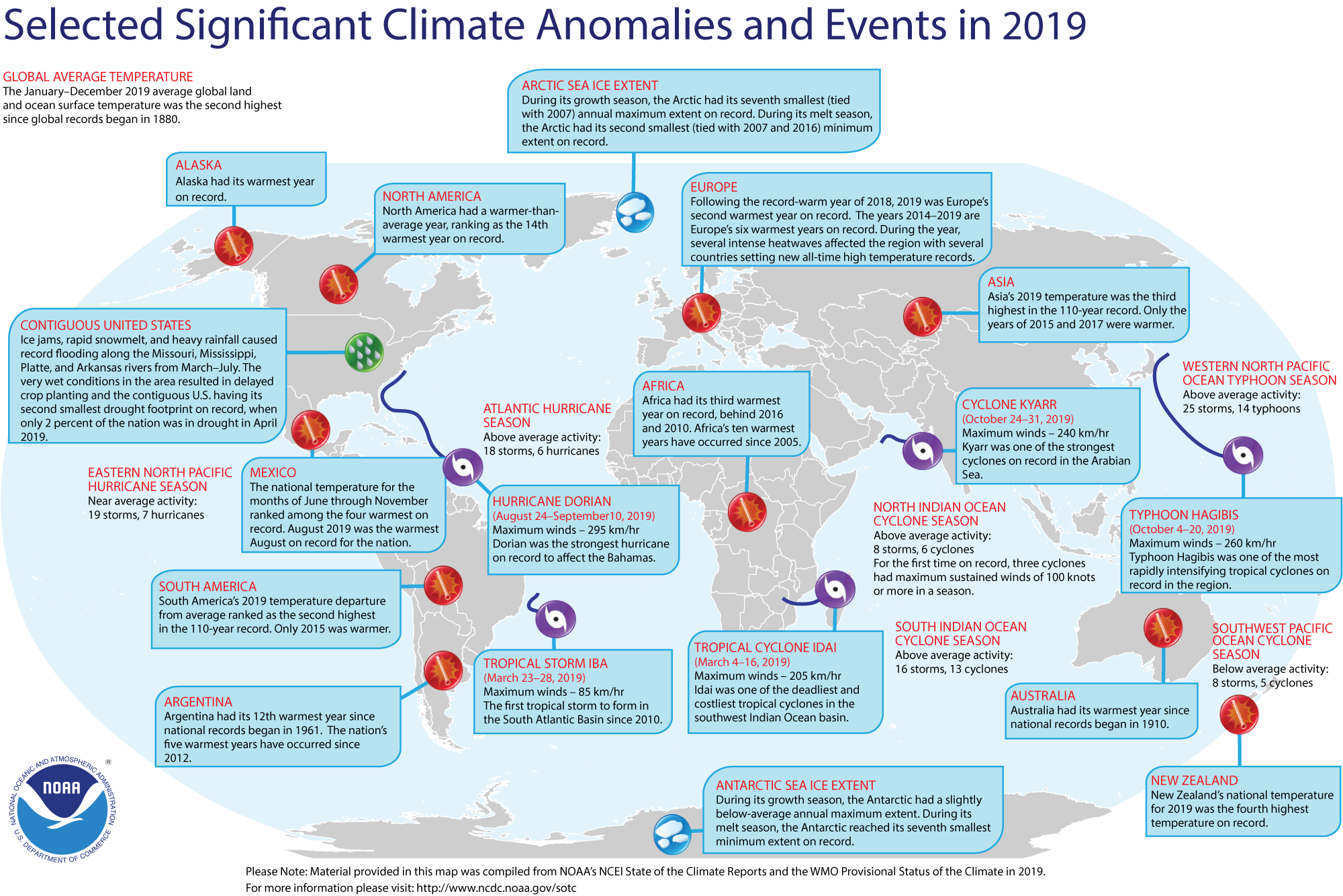 A map of the world noting some of the most significant weather climate events of 2019. For more details, see the bullets below in this story and at http://bit.ly/Global201912.