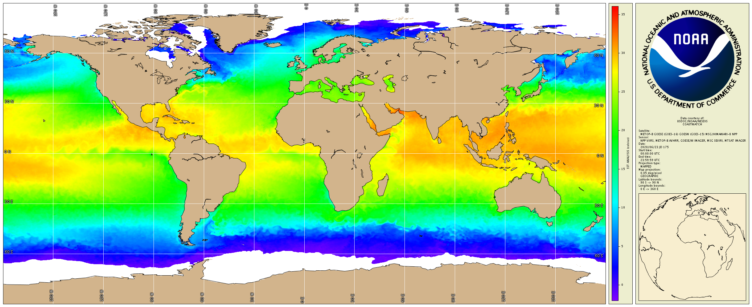A satellite composite image of global sea surface temperatures from NOAA's next generation of Geostationary Operational Environmental Satellites (GOES-R) and the NOAA/NASA Joint Polar Satellite System (JPSS) for June 23, 2020.
