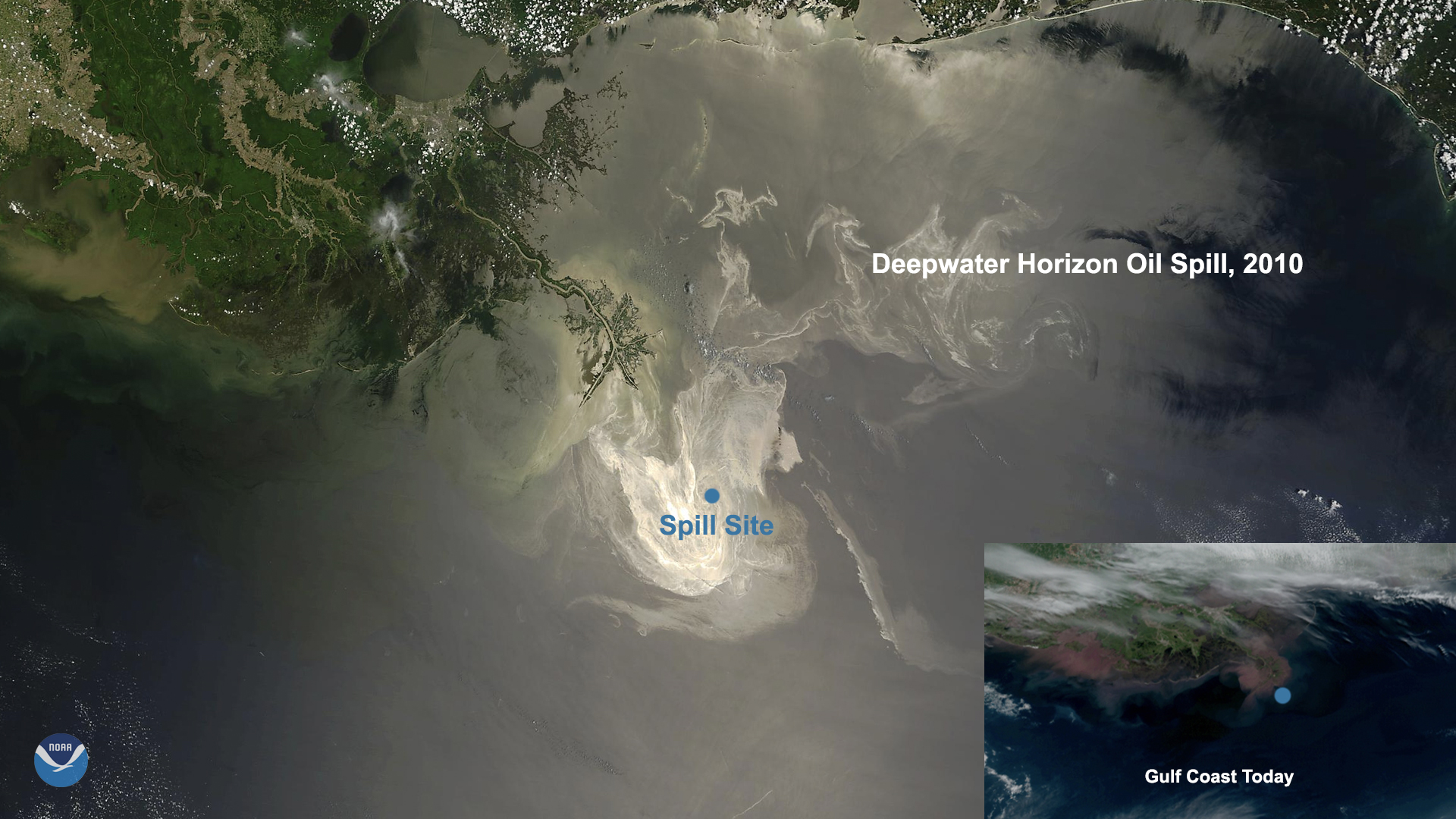 Satellite data shows the extent of the 2010 Deepwater Horizon oil spill on the ocean surface compared with the Gulf Coast  (right inset) in April 2020.