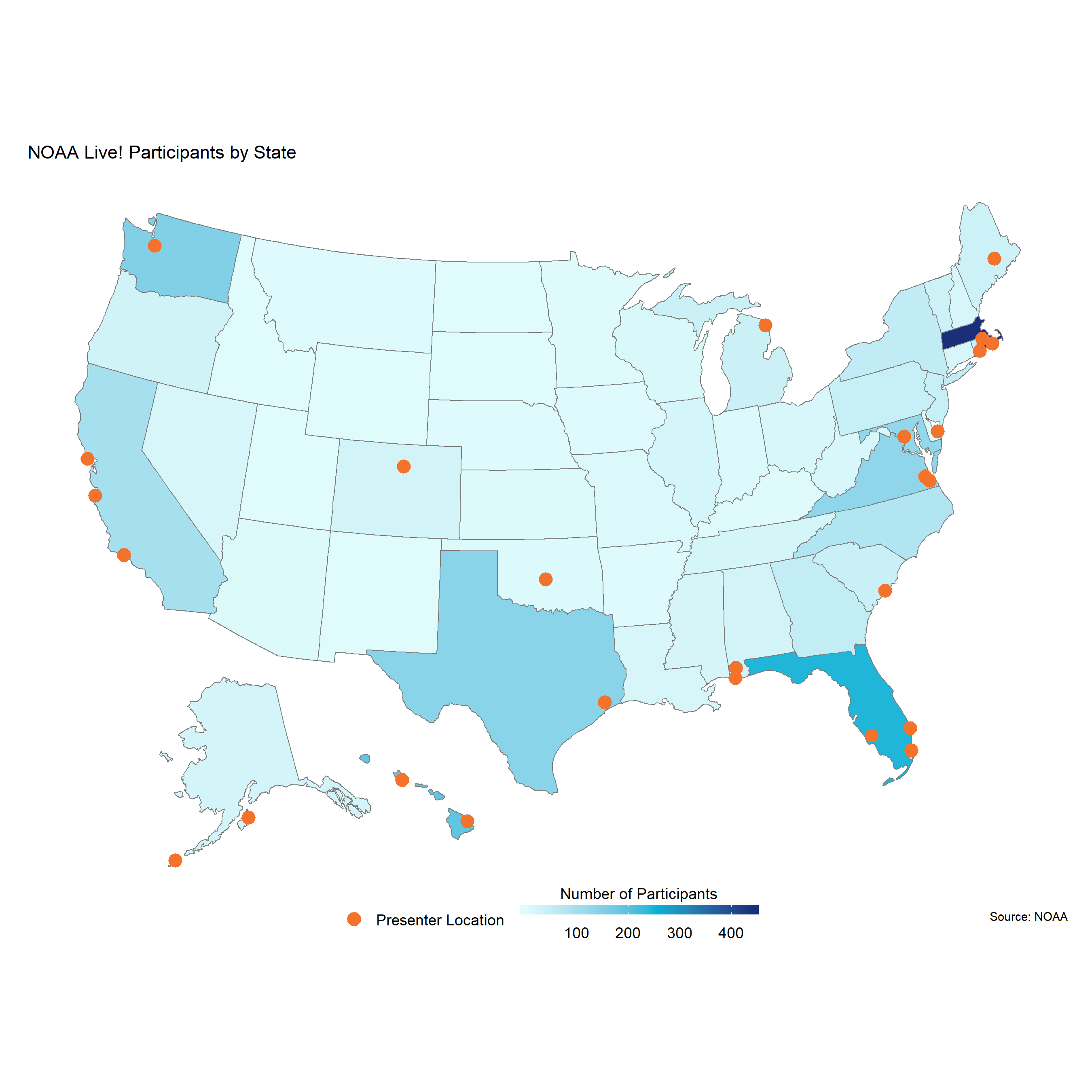 A map of the United States shows webinar participation from around the country. Orange dots show where the webinar presenters were located, and the different shades of blue show the number of participants from each state throughout the webinar series for which location information was collected.