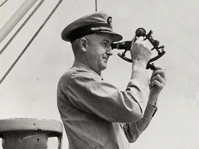 “Shooting the sun” once helped ships stay on course. In this 1952 photo, a sextant, or navigation instrument, is used to measure the angle between the Sun and the horizon. This angle and the precise time it is measured can determine a ship’s position. Today NOAA Corps officers rely primarily on GPS and Electronic Navigation Charts to stay on course. But with cybersecurity a concern, celestial navigation is again being taught.