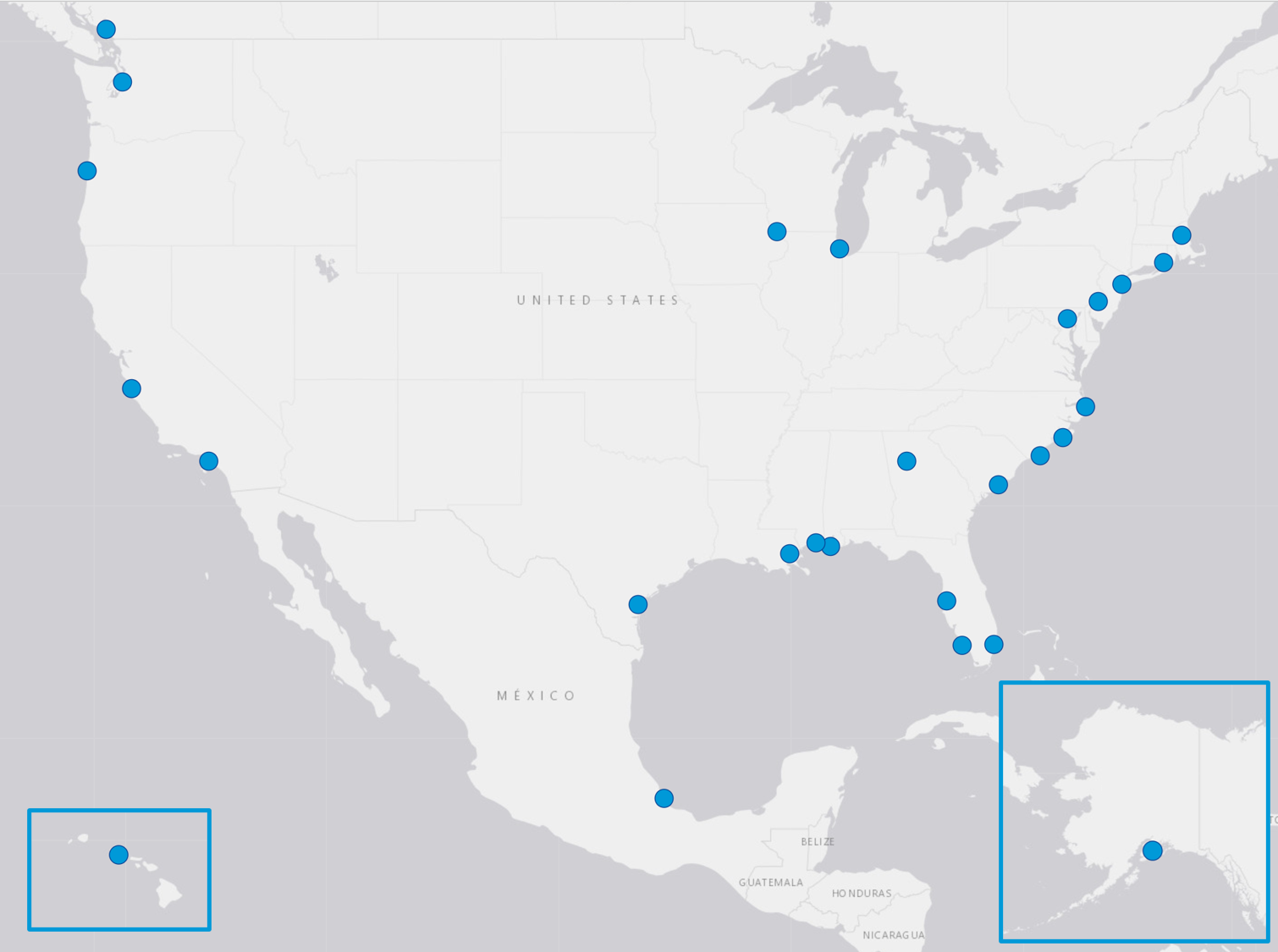 A map of North America with blue dots indicating where the CELC Network members are, ranging from coast to coast, as well as in Canada and Mexico