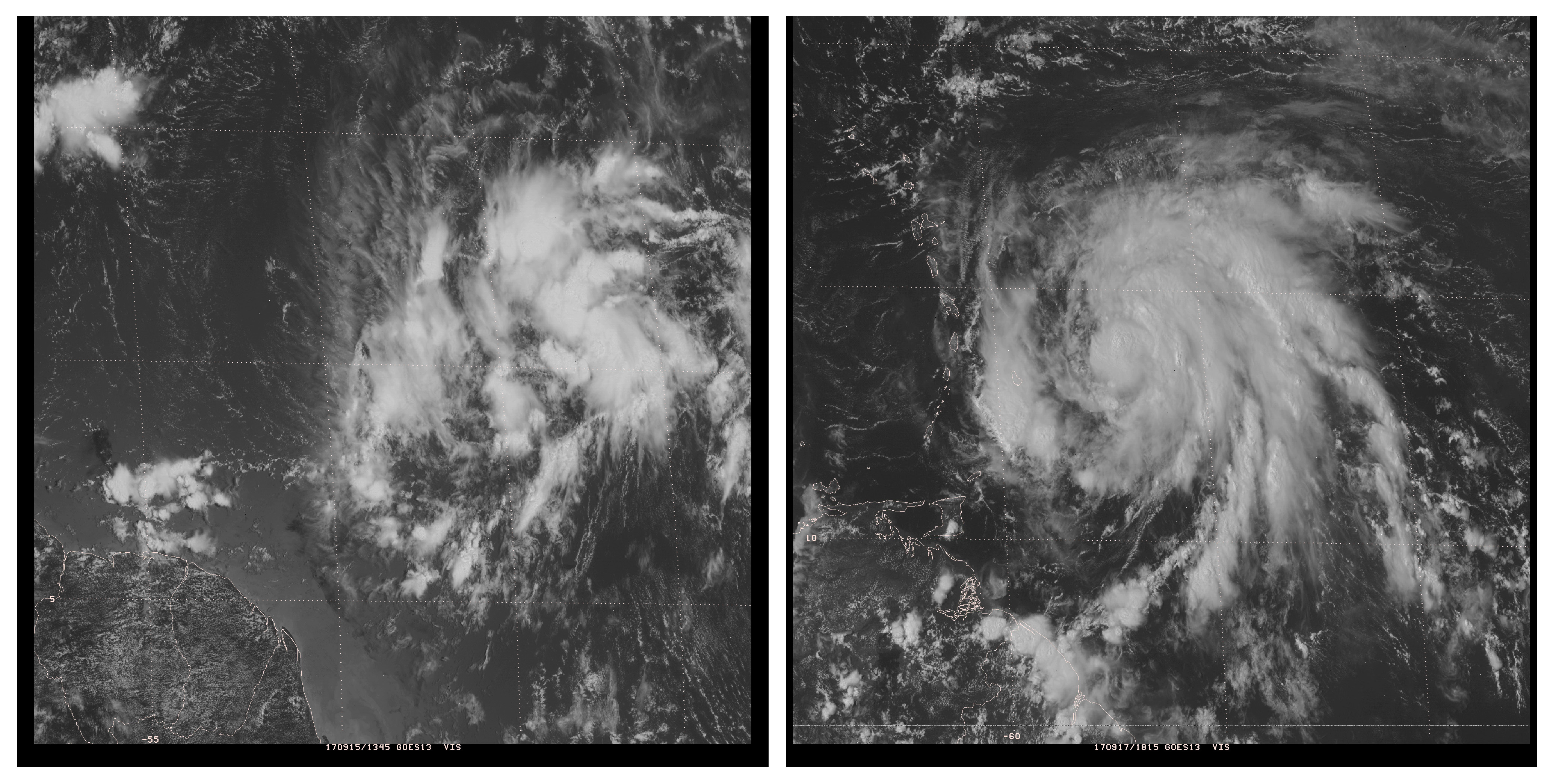 Two satellite images side by side. In the image on the left, there is no clear thunderstorm banding. On the right, the disturbance has escalated to a tropical storm and it has become "organized" with bands wrapping around the center.