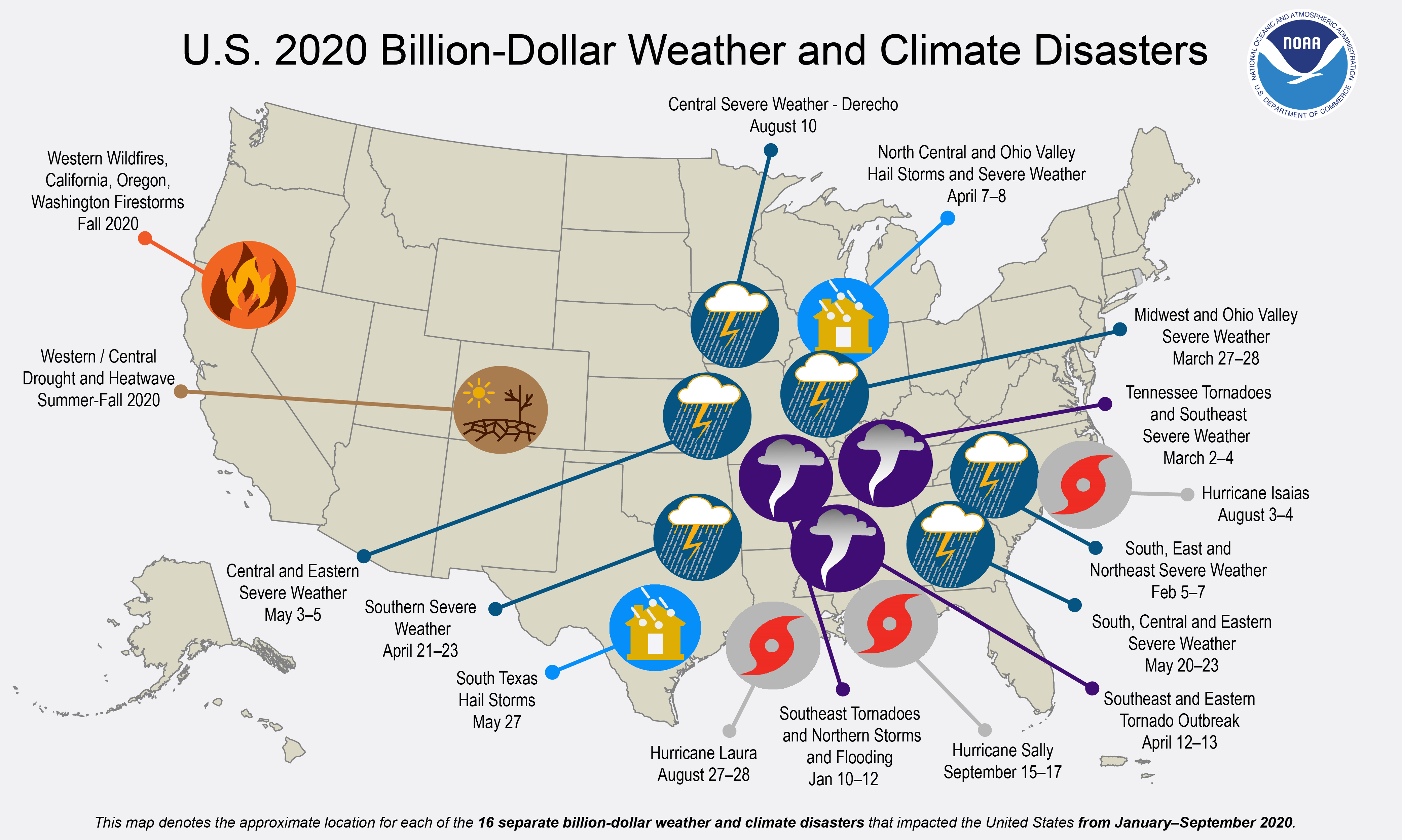 A map of the U.S. plotted with all the billion-dollar disasters experienced in 2020 to date. For more details, please see the webpage www.ncdc.noaa.gov/billions.