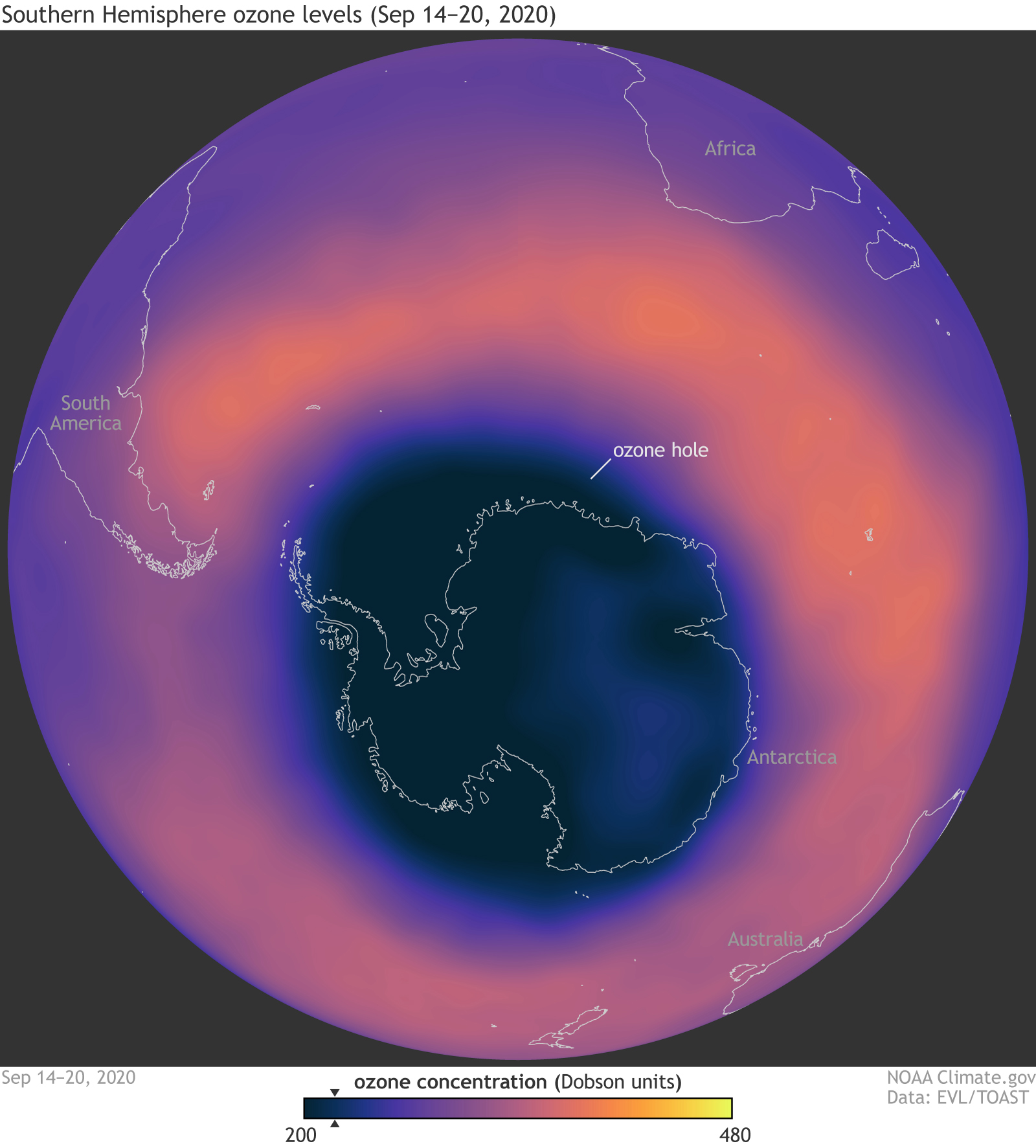 This visualization shows the size of the 2020 ozone hole over Antarctica as it reached its maximum extent of 9.6 million square miles between September 14 and September 20.
