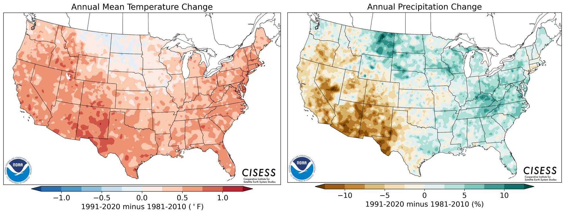 The change in contiguous U.S. annual mean temperatures (°F) and precipitation totals (% change) between the new set of Climate Normals, 1991-2020 (most recent last 3 decades), and the previous set of Normals, 1981-2010.