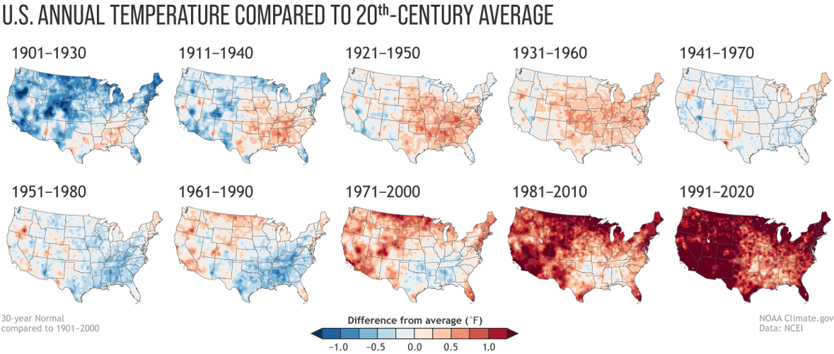 Annual U.S. temperature compared to the 20th-century average for each U.S. Climate Normals period from 1901-1930 (upper left) to 1991-2020 (lower right).