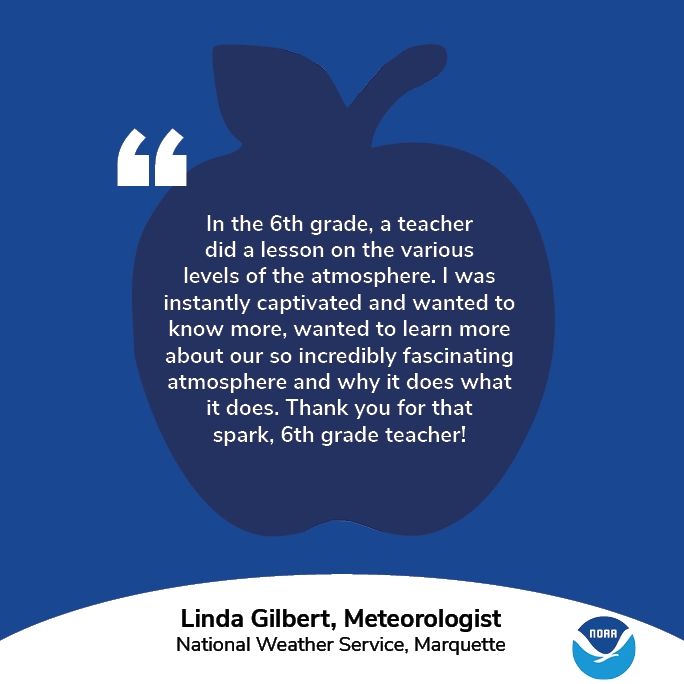 A graphic with an apple and the NOAA logo. Text: In the 6th grade, a teacher did a lesson on the various levels of the atmosphere. I was instantly captivated and wanted to know more, wanted to learn more about our so incredibly fascinating atmosphere and why it does what it does. Thank you for that spark, 6th grade teacher!" Linda Gilbert, Meteorologist, National Weather Service, Marquette.